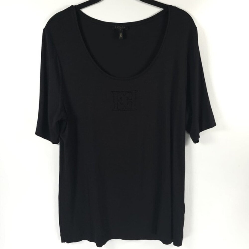 ESCADA Sequin Logo Scoop Neck Short Sleeve Black Top Style 5015548 Size LARGE